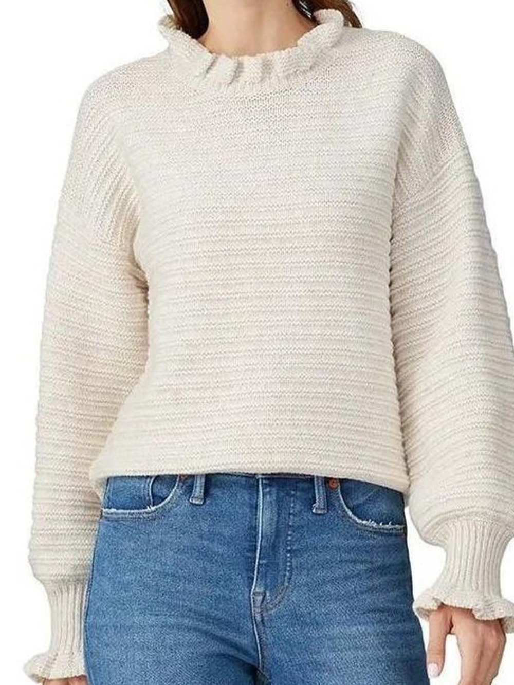 Madewell Ruffle-Neck Pullover Sweater Cotton/Wool Blend Ivory Medium